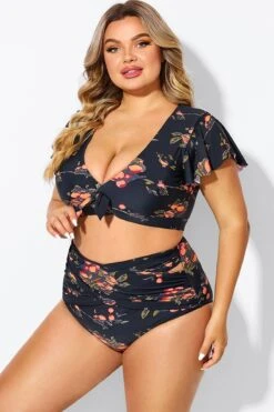 Floral Print Flutter Sleeve Elegant Swim Bikini Top -Meetcurve Shop b debk092004 6