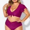 Purple Flutter Sleeve Elegant Swim Bikini Top -Meetcurve Shop b debk092005 1