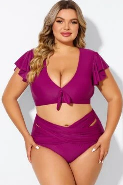 Purple Flutter Sleeve Elegant Swim Bikini Top -Meetcurve Shop b debk092005 3