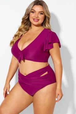 Purple Flutter Sleeve Elegant Swim Bikini Top -Meetcurve Shop b debk092005 4