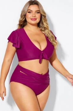Purple Flutter Sleeve Elegant Swim Bikini Top -Meetcurve Shop b debk092005 5