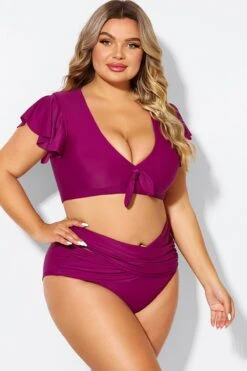 Purple Flutter Sleeve Elegant Swim Bikini Top -Meetcurve Shop b debk092005 6
