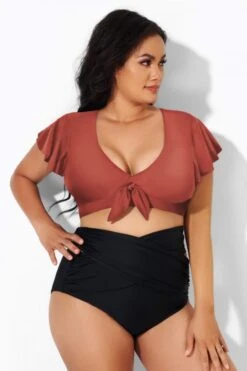 Orange Flutter Sleeve Tie Front Swim Bikini Top -Meetcurve Shop b debk092006 11