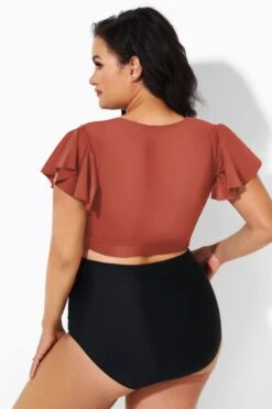 Orange Flutter Sleeve Tie Front Swim Bikini Top -Meetcurve Shop b debk092006 22