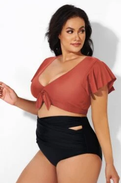 Orange Flutter Sleeve Tie Front Swim Bikini Top -Meetcurve Shop b debk092006 33