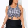 Black & White Gingham Knotted Crop Bikini Top