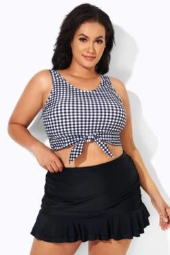 Black & White Gingham Knotted Crop Bikini Top -Meetcurve Shop b debk095001 2