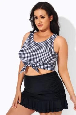 Black & White Gingham Knotted Crop Bikini Top -Meetcurve Shop b debk095001 4