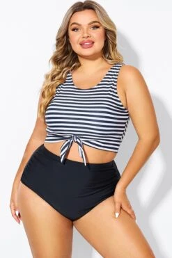 Black & White Striped Knotted Crop Bikini Top -Meetcurve Shop b debk095002 3