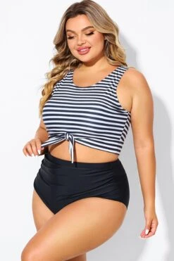 Black & White Striped Knotted Crop Bikini Top -Meetcurve Shop b debk095002 4
