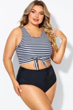 Black & White Striped Knotted Crop Bikini Top -Meetcurve Shop b debk095002 5