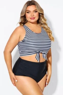 Black & White Striped Knotted Crop Bikini Top -Meetcurve Shop b debk095002 6