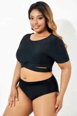 Black Cross Under The Bust Bikini Top With Sleeves -Meetcurve Shop b debk101001 3