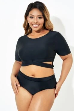 Black Cross Under The Bust Bikini Top With Sleeves -Meetcurve Shop b debk101001 4