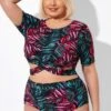 Leaf Print Round Neck Bikini Top With Sleeves -Meetcurve Shop b debk101002 1