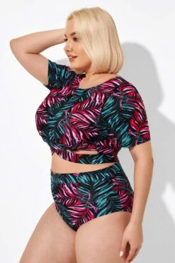 Leaf Print Round Neck Bikini Top With Sleeves -Meetcurve Shop b debk101002 3