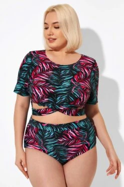 Leaf Print Round Neck Bikini Top With Sleeves -Meetcurve Shop b debk101002 4