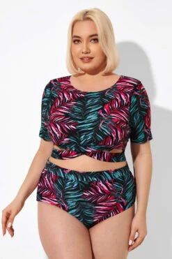 Leaf Print Round Neck Bikini Top With Sleeves -Meetcurve Shop b debk101002 5