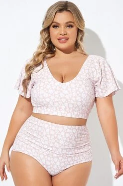 Floral Print V-neck Flutter Sleeve Bikini Top -Meetcurve Shop b debk108002 3