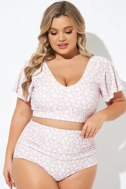 Floral Print V-neck Flutter Sleeve Bikini Top -Meetcurve Shop b debk108002 4