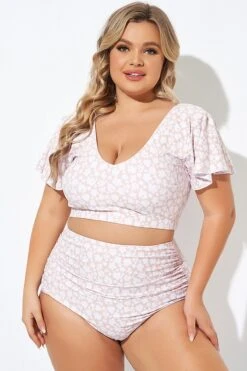 Floral Print V-neck Flutter Sleeve Bikini Top -Meetcurve Shop b debk108002 5