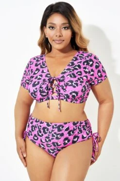 Sexy Pink Leopard Print Lace Up Bikini Top -Meetcurve Shop b debk109001 3 1