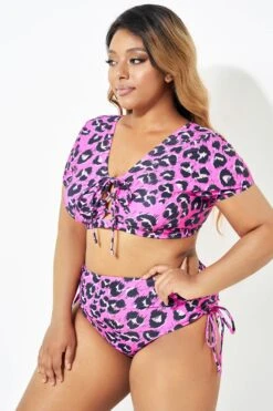Sexy Pink Leopard Print Lace Up Bikini Top -Meetcurve Shop b debk109001 4 1
