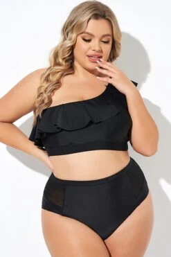 Black Ruffle One Shoulder Swim Bikini Top -Meetcurve Shop b debk137001 3