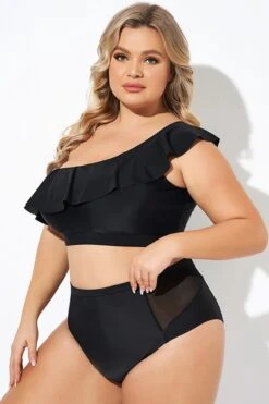 Black Ruffle One Shoulder Swim Bikini Top -Meetcurve Shop b debk137001 4