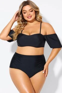 Black Lace Up Off The Shoulder Ruffle Bikini Top -Meetcurve Shop b debk145001 3