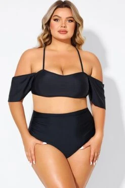 Black Lace Up Off The Shoulder Ruffle Bikini Top -Meetcurve Shop b debk145001 4