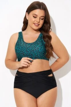 Green Leopard Print Knot Swim Bikini Top -Meetcurve Shop b debk148001 3