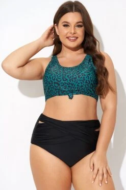 Green Leopard Print Knot Swim Bikini Top -Meetcurve Shop b debk148001 4