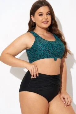Green Leopard Print Knot Swim Bikini Top -Meetcurve Shop b debk148001 6