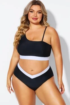 Black & White One Shoulder High Waisted Bikini Top -Meetcurve Shop b debk149001 3
