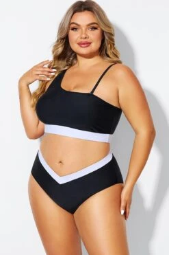 Black & White One Shoulder High Waisted Bikini Top -Meetcurve Shop b debk149001 4