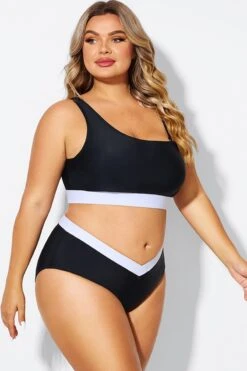 Black & White One Shoulder High Waisted Bikini Top -Meetcurve Shop b debk149001 5