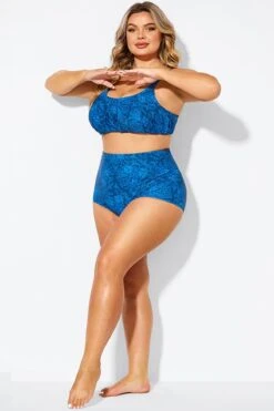 Navy Blue Floral Print High Waist Bikini Shorts -Meetcurve Shop b debt002021 4