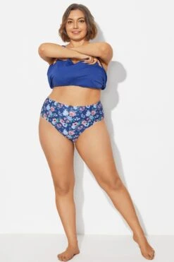 Navy Blue Floral High Waist Plus Size Bottom -Meetcurve Shop b debt002022 3