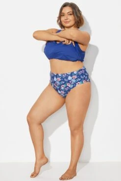 Navy Blue Floral High Waist Plus Size Bottom -Meetcurve Shop b debt002022 4