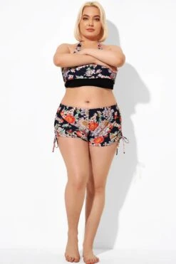 Drawstring Side Flower Printed Swim Shorts