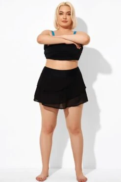 Black High Waisted Layered Black Swim Skirt -Meetcurve Shop b debt047001 4