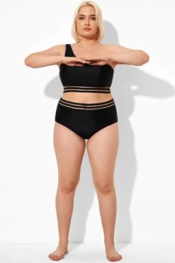 Black Mesh High Waist Bikini Bottom -Meetcurve Shop b debt048001 4