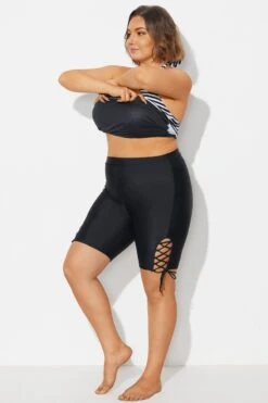 Lace Up Side Black Mid Waist Swim Shorts 9 Lace Up Side Black Mid Waist Swim Shorts -Meetcurve Shop b debt064001 4