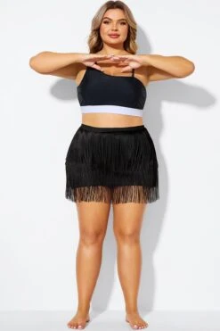 Plus Size Black High Waisted Tassel Trim Skirt 8 Plus Size Black High Waisted Tassel Trim Skirt -Meetcurve Shop b debt066001 11