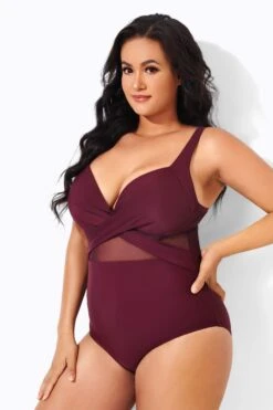 Wine Cut Out Mesh Fashion One Piece Swimsuit -Meetcurve Shop b deop006007 2