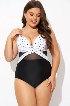 Elegant Dot Colorblock Mesh One Piece Swimsuit -Meetcurve Shop b deop006010 4