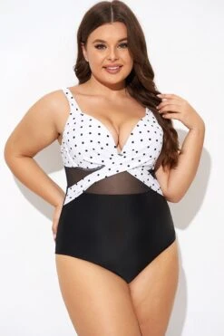 Elegant Dot Colorblock Mesh One Piece Swimsuit -Meetcurve Shop b deop006010 5
