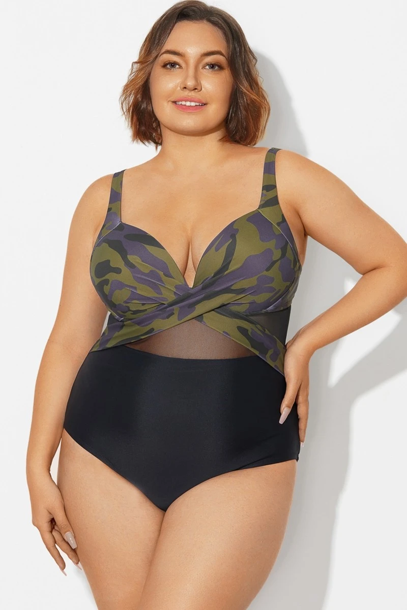 V-Neck Camouflage Print Mesh Underwired One Piece Swimsuit 3 V-Neck Camouflage Print Mesh Underwired One Piece Swimsuit