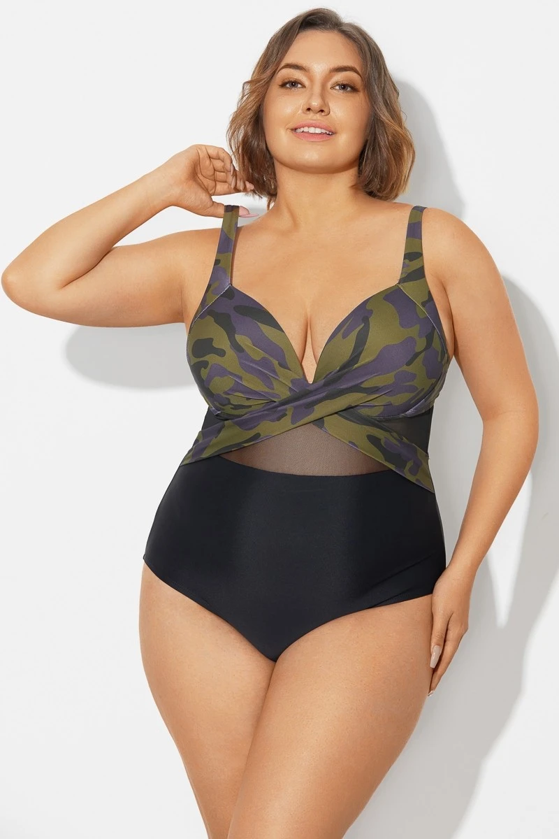 V-Neck Camouflage Print Mesh Underwired One Piece Swimsuit 5 V-Neck Camouflage Print Mesh Underwired One Piece Swimsuit - Image 3